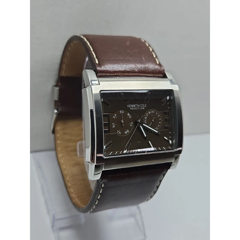 Kenneth Cole Reaction Mens Tank Brown Dial Date Leather Watch New Battery *READ